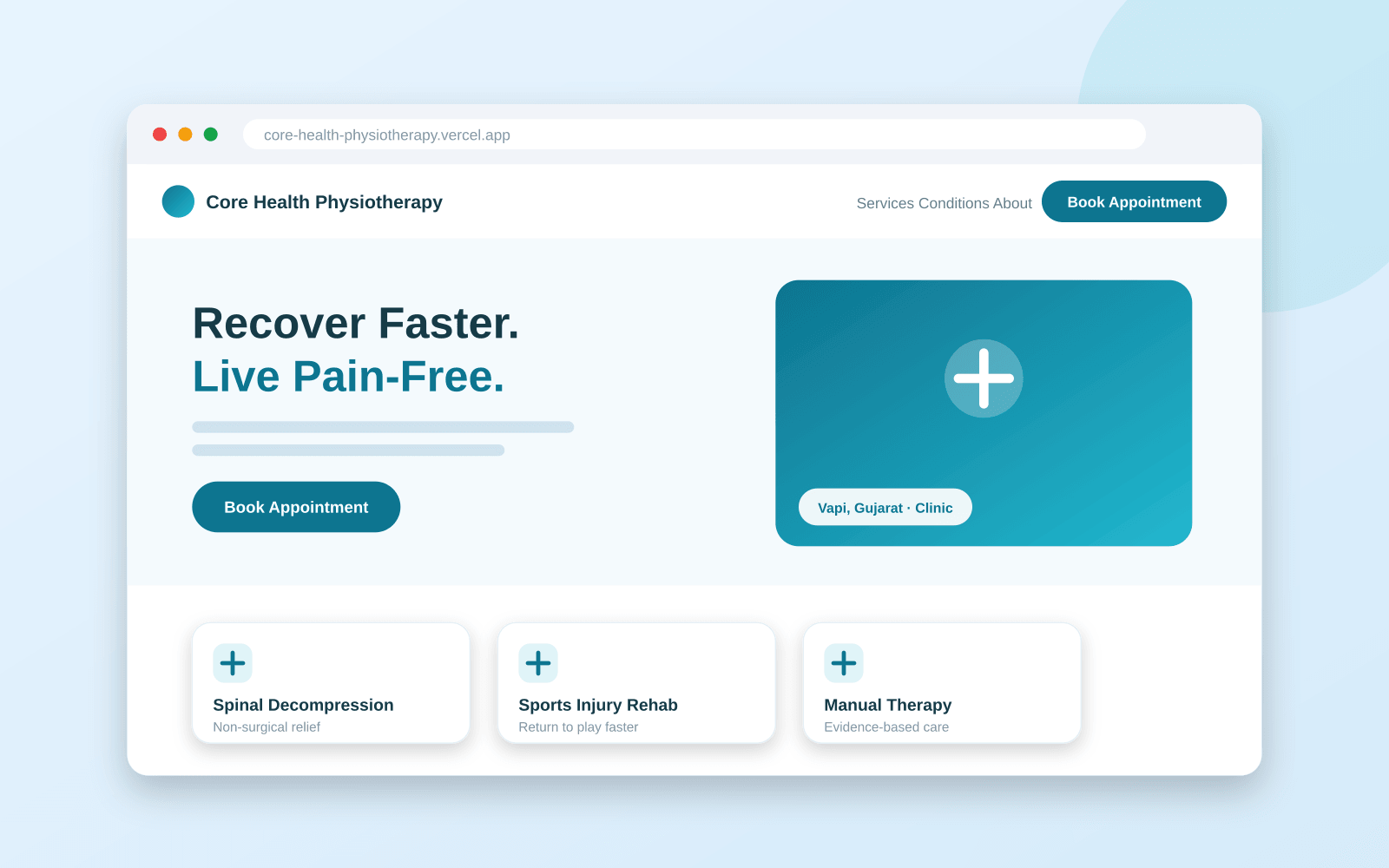 Core Health Physiotherapy website homepage with 'Recover Faster. Live Pain-Free.' hero and service cards