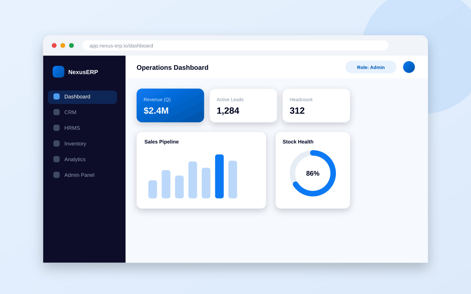 Enterprise ERP dashboard with CRM, HRMS, inventory modules, KPI tiles, and analytics charts