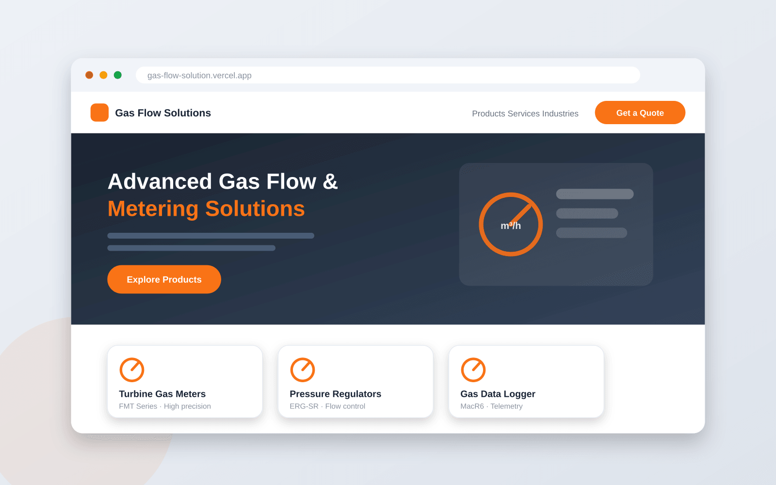 Gas Flow Solution industrial website with gas metering hero section and product cards
