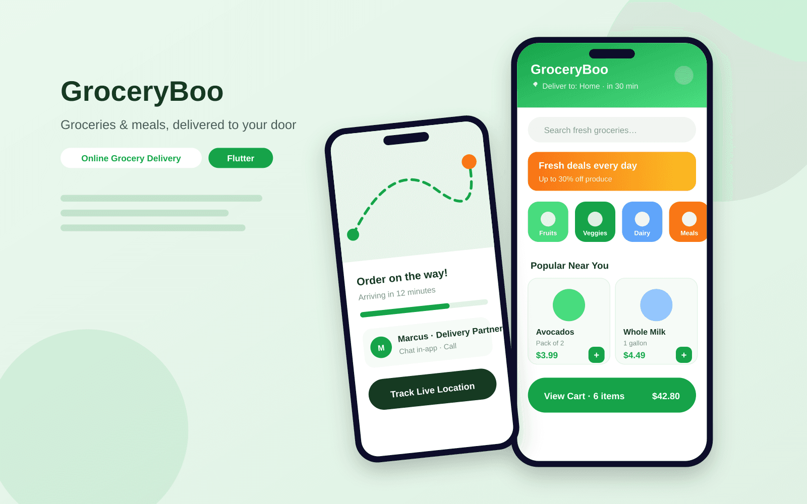 GroceryBoo mobile app screens showing grocery categories, product cart, and live order tracking