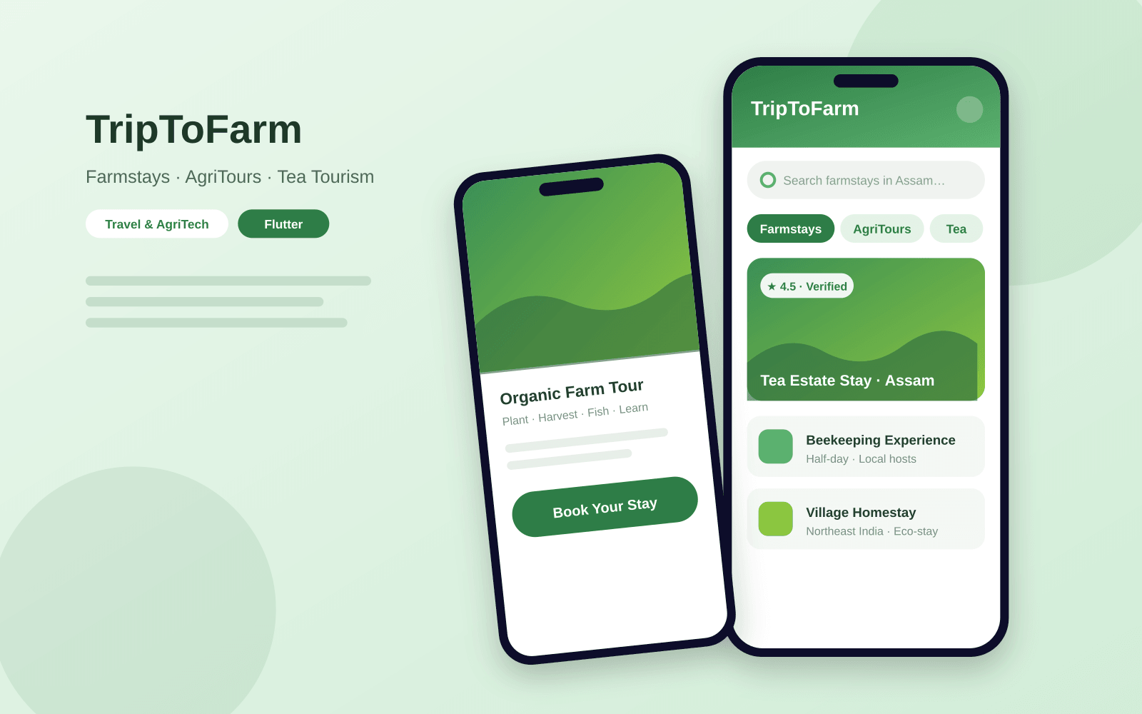 Trip To Farm mobile app screens showing farmstay search, tea estate listings, and booking flow